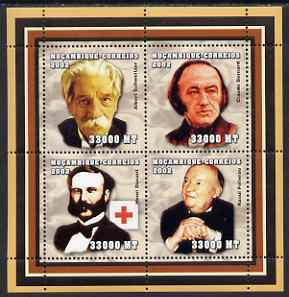 Mozambique 2002 Scientist Doctors #2 perf sheetlet containing 4 values unmounted mint (Schweitzer, Bernard, Dynant & Folereau) Yv 2092-95, stamps on personalities, stamps on literature, stamps on nobel, stamps on philosophy, stamps on medical, stamps on schweitzer, stamps on dunant, stamps on red cross, stamps on 