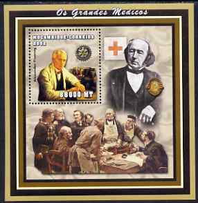 Mozambique 2002 Scientist Doctors perf s/sheet containing 1 value unmounted mint (Alexander Fleming with Red Cross, Rotary & Lions logos), stamps on personalities, stamps on medical, stamps on scientists, stamps on red cross, stamps on rotary, stamps on lions int, stamps on , stamps on scots, stamps on scotland