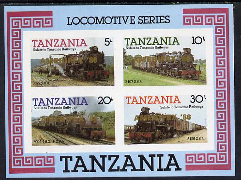 Tanzania 1985 Locomotives imperf proof miniature sheet with 'AMERIPEX 86' opt in gold (unissued) unmounted mint, stamps on , stamps on  stamps on postal, stamps on  stamps on railways, stamps on  stamps on stamp exhibitions