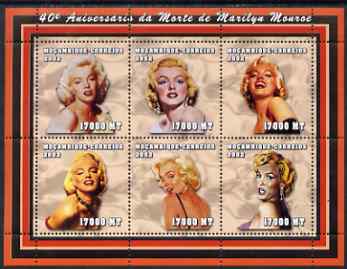 Mozambique 2002 40th Anniversary of Death of Marilyn Monroe perf sheetlet containing 6 values unmounted mint (6 x 17,000 MT) Yv 1942-47, stamps on , stamps on  stamps on personalities, stamps on  stamps on women, stamps on  stamps on films, stamps on  stamps on cinema, stamps on  stamps on movies, stamps on  stamps on marilyn, stamps on  stamps on marilyn monroe