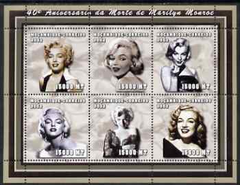 Mozambique 2002 40th Anniversary of Death of Marilyn Monroe perf sheetlet containing 6 values unmounted mint (6 x 15,000 MT) Yv 1936-41, stamps on , stamps on  stamps on personalities, stamps on  stamps on women, stamps on  stamps on films, stamps on  stamps on cinema, stamps on  stamps on movies, stamps on  stamps on marilyn, stamps on  stamps on marilyn monroe