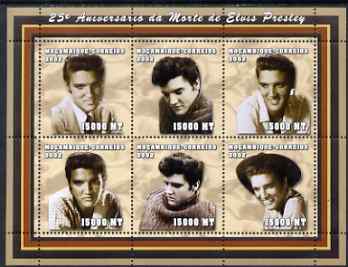 Mozambique 2002 25th Anniversary of Death of Elvis Presley perf sheetlet containing 6 values unmounted mint (6 x 15,000 MT) Yv 2008-13, stamps on personalities, stamps on films, stamps on cinema, stamps on movies, stamps on music, stamps on elvis