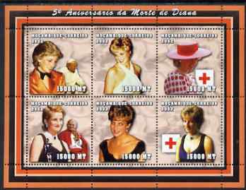 Mozambique 2002 5th Anniversary of Death of Princess Diana perf sheetlet containing 6 values unmounted mint (6 x 15,000 MT) Yv 1948-53, stamps on , stamps on  stamps on personalities, stamps on  stamps on royalty, stamps on  stamps on diana, stamps on  stamps on red cross, stamps on  stamps on pope