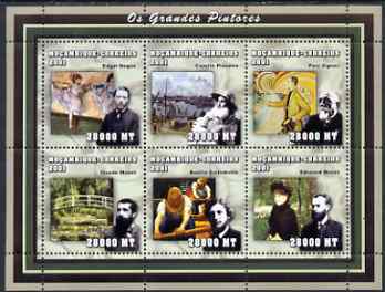 Mozambique 2002 The Impressionists perf sheetlet containing 6 values unmounted mint (6 x 28,000 MT) Yv 2002-7, stamps on , stamps on  stamps on personalities, stamps on  stamps on arts, stamps on  stamps on degas, stamps on  stamps on pissarro, stamps on  stamps on signac, stamps on  stamps on monet, stamps on  stamps on manet, stamps on  stamps on caillebotte