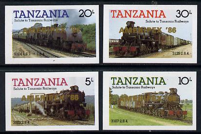 Tanzania 1985 Locomotives imperf proof set of 4 each with AMERIPEX 86 opt in gold (unissued) unmounted mint*, stamps on postal, stamps on railways, stamps on stamp exhibitions