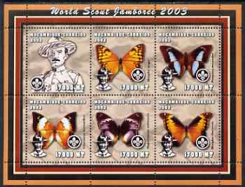 Mozambique 2002 World Scout Jamboree #1 perf sheetlet containing 6 values unmounted mint (with Butterflies) Yv 1954-59, stamps on , stamps on  stamps on personalities, stamps on  stamps on scouts, stamps on  stamps on butterflies