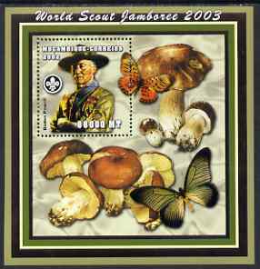 Mozambique 2002 World Scout Jamboree perf s/sheet containing 1 value unmounted mint (Baden Powell,Butterflies, Fungi & Orchid) Yv104, stamps on , stamps on  stamps on personalities, stamps on  stamps on scouts, stamps on  stamps on orchids, stamps on  stamps on flowers, stamps on  stamps on fungii, stamps on  stamps on butterflies