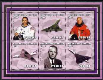 Mozambique 2002 Astronauts & Aircraft perf sheetlet containing 6 values unmounted mint (Collins, Glenn, Armstrong & Concorde) Yv 1966-71, stamps on personalities, stamps on aviation, stamps on space, stamps on concorde, stamps on apollo, stamps on masonics, stamps on masonry