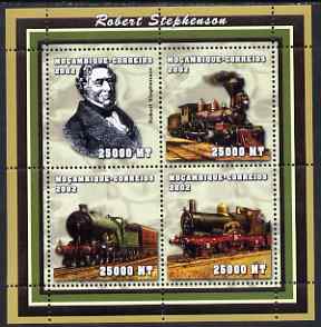 Mozambique 2002 Robert Stephenson perf sheetlet containing 4 values unmounted mint (4 x 25,000 MT) Yv 2076-79, stamps on personalities, stamps on railways