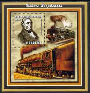 Mozambique 2002 Robert Stephenson #1 perf s/sheet containing 1 value unmounted mint (110,000 MT) Yv 121, stamps on , stamps on  stamps on personalities, stamps on  stamps on railways