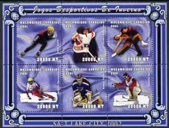 Mozambique 2001 Salt Lake Winter Olympics perf sheetlet containing 6 values unmounted mint (6 x 20,000 MT) Mi 1970-75, stamps on olympics, stamps on sport, stamps on skiing, stamps on ice skating, stamps on ice hockey