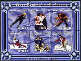 Mozambique 2001 Salt Lake Winter Olympics perf sheetlet containing 6 values unmounted mint (6 x 20,000 MT) Mi 1970-75, stamps on , stamps on  stamps on olympics, stamps on  stamps on sport, stamps on  stamps on skiing, stamps on  stamps on ice skating, stamps on  stamps on ice hockey