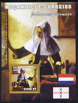 Mozambique 2001 Paintings by Johannes Vermeer perf s/sheet unmounted mint with Amphilex Imprint (50,000 MT) Mi 2153, Sc 1495, stamps on , stamps on  stamps on arts, stamps on  stamps on vermeer, stamps on  stamps on stamp exhibitions