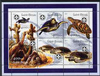 Guinea - Bissau 2001 Turtles perf sheetlet containing 6 values (400 FCFA) each with Scouts logo unmounted mint Mi 1584-89, stamps on , stamps on  stamps on animals, stamps on  stamps on reptiles, stamps on  stamps on turtles, stamps on  stamps on scouts