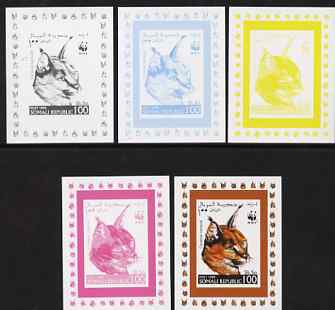 Somalia 1998 WWF - Caracal 100s the set of 5 imperf progressive proofs comprising the 4 individual colours plus all 4-colour composite, unmounted mint, stamps on , stamps on  stamps on animals, stamps on  stamps on  wwf , stamps on  stamps on cats