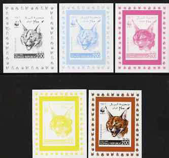 Somalia 1998 WWF - Caracal 200s the set of 5 imperf progressive proofs comprising the 4 individual colours plus all 4-colour composite, unmounted mint, stamps on , stamps on  stamps on animals, stamps on  stamps on  wwf , stamps on  stamps on cats