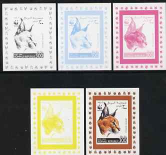 Somalia 1998 WWF - Caracal 300s the set of 5 imperf progressive proofs comprising the 4 individual colours plus all 4-colour composite, unmounted mint, stamps on animals, stamps on  wwf , stamps on cats