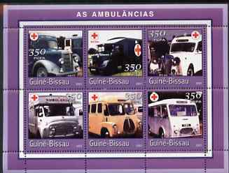 Guinea - Bissau 2001 Ambulances perf sheetlet containing 6 values (350 FCFA) unmounted mint Mi 1749-54, stamps on , stamps on  stamps on transport, stamps on  stamps on ambulances, stamps on  stamps on medical, stamps on  stamps on red cross