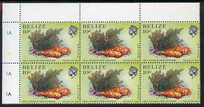 Belize 1984-88 Sea Fans & Fire Sponge 10c corner plate block of 6, one stamp with massive 'flower' variety, unmounted mint SG 772var, stamps on marine life