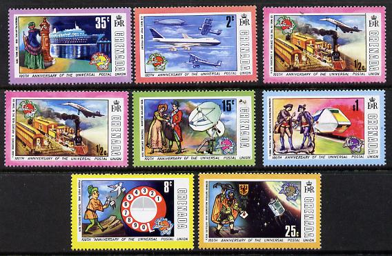 Grenada 1974 Centenary of Universal Postal Union set of 8 unmounted mint, SG 628-35, stamps on , stamps on  stamps on aviation    postal   science     postman     postbox    ships  space  transport, stamps on  stamps on  upu , stamps on  stamps on 
