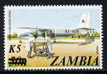 Zambia 1985 5k on 50n Flying Doctor Service unmounted mint, SG 424*, stamps on aviation    medical    doctors