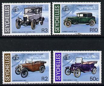 Seychelles 1985 Vintage Cars set of 4 unmounted mint, SG 628-31 (blocks or gutter pairs pro-rata), stamps on , stamps on  stamps on cars, stamps on  stamps on ford, stamps on  stamps on austin, stamps on  stamps on morris, stamps on  stamps on humber