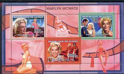 Guinea - Conakry 2006 Marilyn Monroe perf sheetlet #3 containing 3 values unmounted mint Yv 2730-32, stamps on , stamps on  stamps on personalities, stamps on  stamps on movies, stamps on  stamps on films, stamps on  stamps on music, stamps on  stamps on marilyn, stamps on  stamps on marilyn monroe, stamps on  stamps on waterfalls