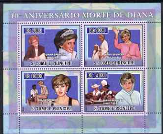St Thomas & Prince Islands 2007 Tenth Death Anniversary of Princess Diana perf sheetlet containing 4 values unmounted mint , stamps on personalities, stamps on royalty, stamps on diana