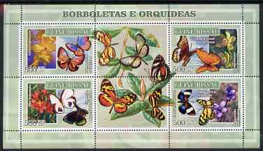 Guinea - Bissau 2007 Butterflies & Orchids perf sheetlet containing 4 values & 2 labels unmounted mint, stamps on butterflies, stamps on flowers, stamps on orchids