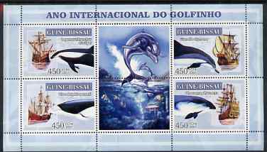 Guinea - Bissau 2007 International Dolphin Year - Tall Ships perf sheetlet containing 4 values & 2 labels unmounted mint, stamps on whales, stamps on dolphins, stamps on ships