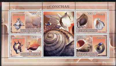 Guinea - Bissau 2007 Shells perf sheetlet containing 4 values & 2 labels unmounted mint, stamps on marine life, stamps on shells