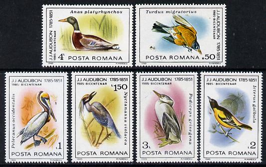 Rumania 1985 John Audubon Birds set of 6 unmounted mint, SG 4936-41, Mi 4149-54*, stamps on audubon, stamps on birds, stamps on robin, stamps on pelican, stamps on heron, stamps on oriole, stamps on grebe, stamps on mallard