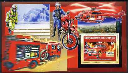Guinea - Conakry 2006 Japanese Fire Engines large perf s/sheet containing 1 value (with Helicopter & Motorcycle) unmounted mint, stamps on fire, stamps on helicopters, stamps on motorbikes