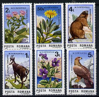 Rumania 1985 Retezat National Park set of 6 (Flowers, Animals, Eagle) unmounted mint Mi 4172-77, stamps on animals, stamps on birds, stamps on flowers, stamps on wildlife, stamps on birds of prey, stamps on national parks, stamps on parks, stamps on violas