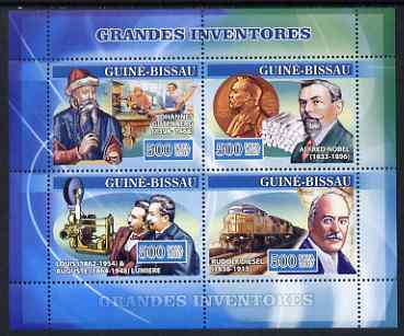 Guinea - Bissau 2007 Inventors perf sheetlet containing 4 values unmounted mint, Yv 2326-29, stamps on , stamps on  stamps on personalities, stamps on  stamps on inventors, stamps on  stamps on inventions, stamps on  stamps on nobel, stamps on  stamps on printing, stamps on  stamps on cinema, stamps on  stamps on photography, stamps on  stamps on cameras, stamps on  stamps on railways