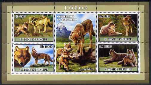 St Thomas & Prince Islands 2007 Wolves perf sheetlet containing 4 values plus label (with Scout logo) unmounted mint , stamps on , stamps on  stamps on animals, stamps on  stamps on wolf, stamps on  stamps on wolves, stamps on  stamps on scouts