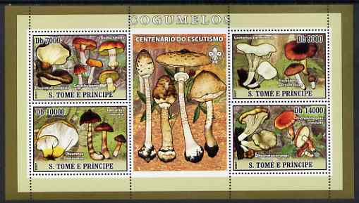 St Thomas & Prince Islands 2007 Fungi perf sheetlet containing 4 values plus label (with Scout logo) unmounted mint , stamps on fungi, stamps on scouts