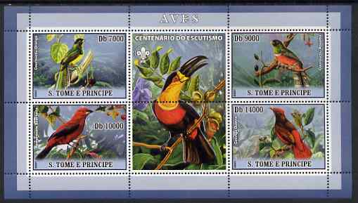 St Thomas & Prince Islands 2007 Birds #1 perf sheetlet containing 4 values plus label (with Scout logo) unmounted mint , stamps on birds, stamps on scouts