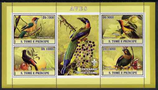 St Thomas & Prince Islands 2007 Birds #2 perf sheetlet containing 4 values plus label (with Scout logo) unmounted mint , stamps on birds, stamps on scouts