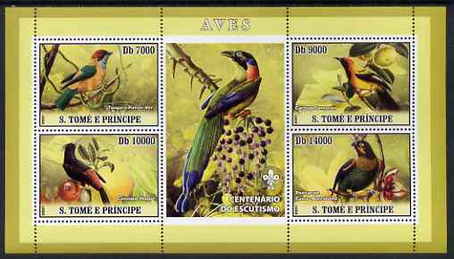 St Thomas & Prince Islands 2007 Birds #2 perf sheetlet containing 4 values plus label (with Scout logo) unmounted mint , stamps on , stamps on  stamps on birds, stamps on  stamps on scouts