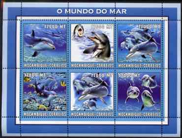 Mozambique 2002 Dolphins perf sheetlet containing 6 values unmounted mint Yv 2126-31, stamps on , stamps on  stamps on whales, stamps on  stamps on dolphins, stamps on  stamps on fish