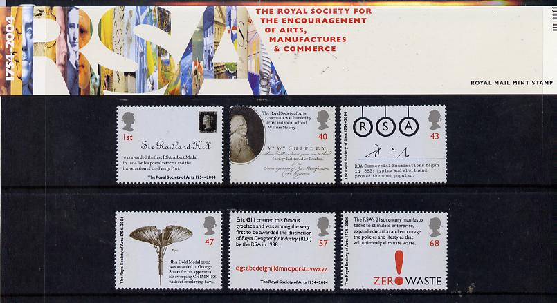 Great Britain 2004 Royal Society of Arts perf set of 6 in official presentation pack unmounted mint SG 2473-78, stamps on printing, stamps on arts, stamps on crafts, stamps on rowland hill, stamps on stamp on stamp, stamps on , stamps on stamponstamp