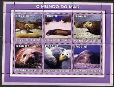 Mozambique 2002 Elephant Seals perf sheetlet containing 6 values unmounted mint Yv 2138-43, stamps on , stamps on  stamps on marine life, stamps on  stamps on mammals, stamps on  stamps on seals