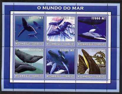 Mozambique 2002 Whales perf sheetlet containing 6 values unmounted mint Yv 2168-73, stamps on , stamps on  stamps on whales, stamps on  stamps on dolphins, stamps on  stamps on fish