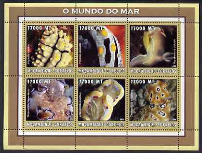 Mozambique 2002 Nudibranches (Sea slugs) perf sheetlet containing 6 values unmounted mint Yv 2192-97, stamps on shells, stamps on marine life