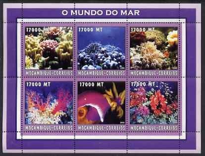 Mozambique 2002 Coral perf sheetlet containing 6 values unmounted mint Yv 2198-2203, stamps on marine life, stamps on coral