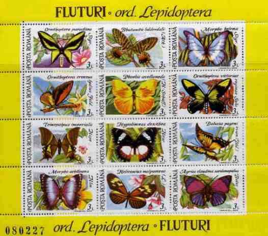 Rumania 1991 Butterflies #1 sheetlet containing 12 values Mi BL 267, stamps on butterflies