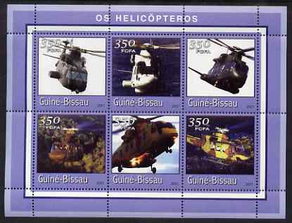 Guinea - Bissau 2001 Helicopters perf sheetlet containing 6 values (350 FCFA) unmounted mint Mi 1767-72, stamps on , stamps on  stamps on aviation, stamps on  stamps on helicopters