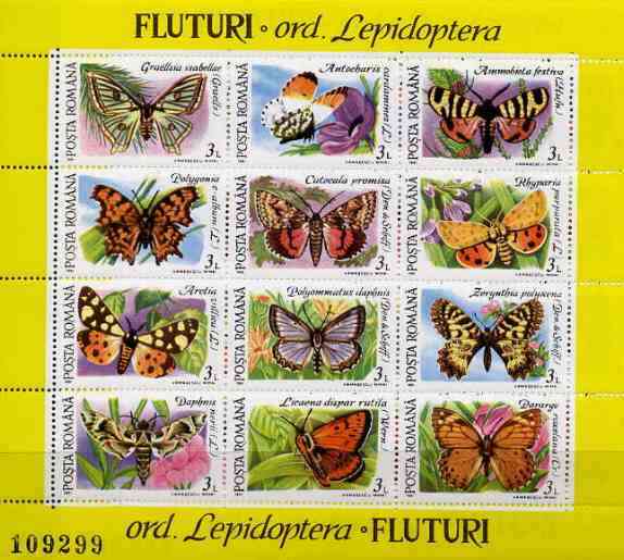 Rumania 1991 Butterflies #2 sheetlet containing 12 values Mi BL 268, stamps on butterflies