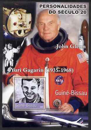 Guinea - Bissau 2001 John Glenn & Gagarin perf s/sheet containing 1 value unmounted mint Mi BL374, stamps on , stamps on  stamps on personalities, stamps on  stamps on space, stamps on  stamps on shuttle, stamps on  stamps on concorde, stamps on  stamps on apes, stamps on  stamps on masonics, stamps on  stamps on masonry